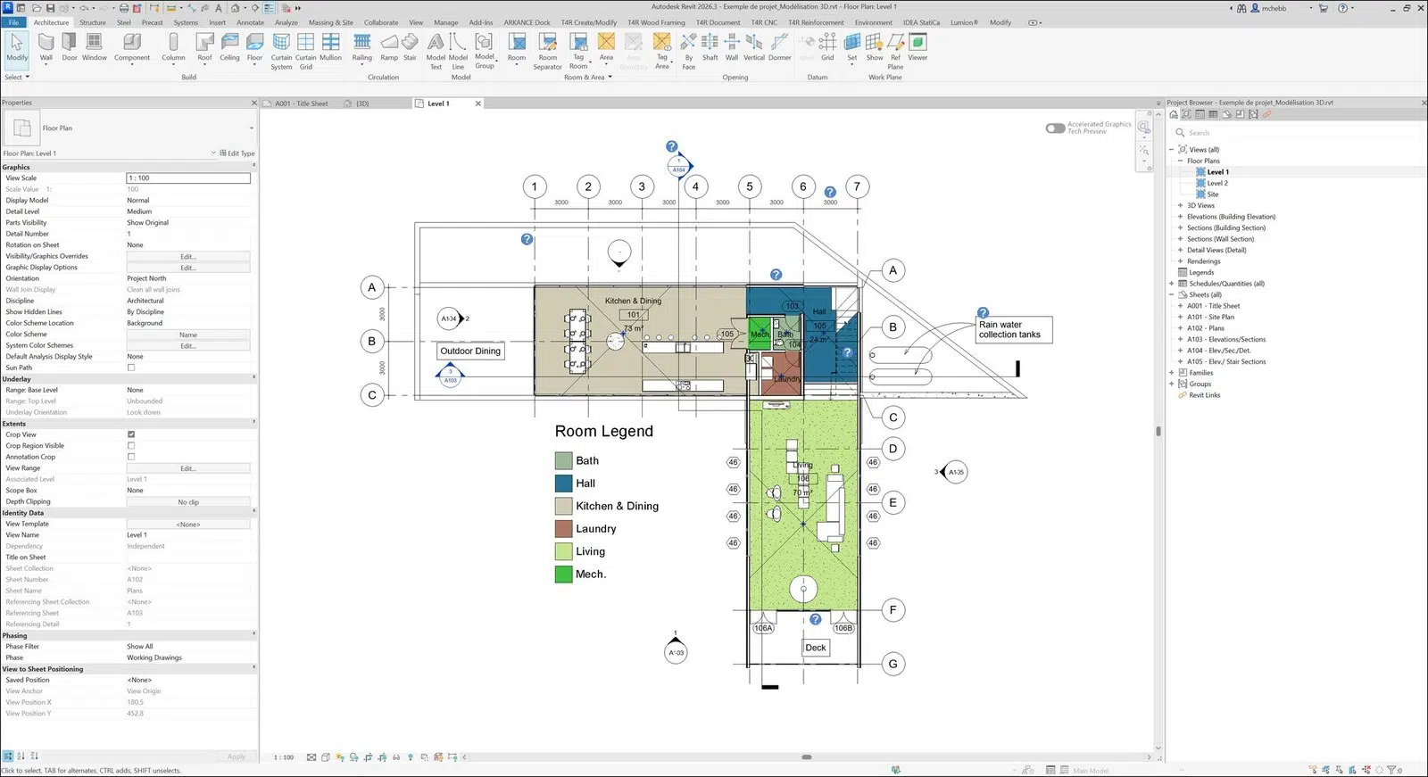 Interface Revit avec le ruban, la palette Propriétés, l’arborescence du projet et la zone de dessin
